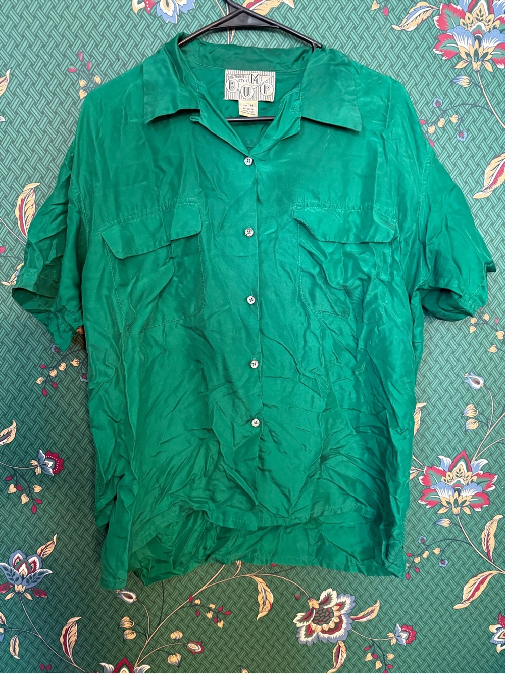 Vintage Green 100% Silk Button-Up Shirt by Bump